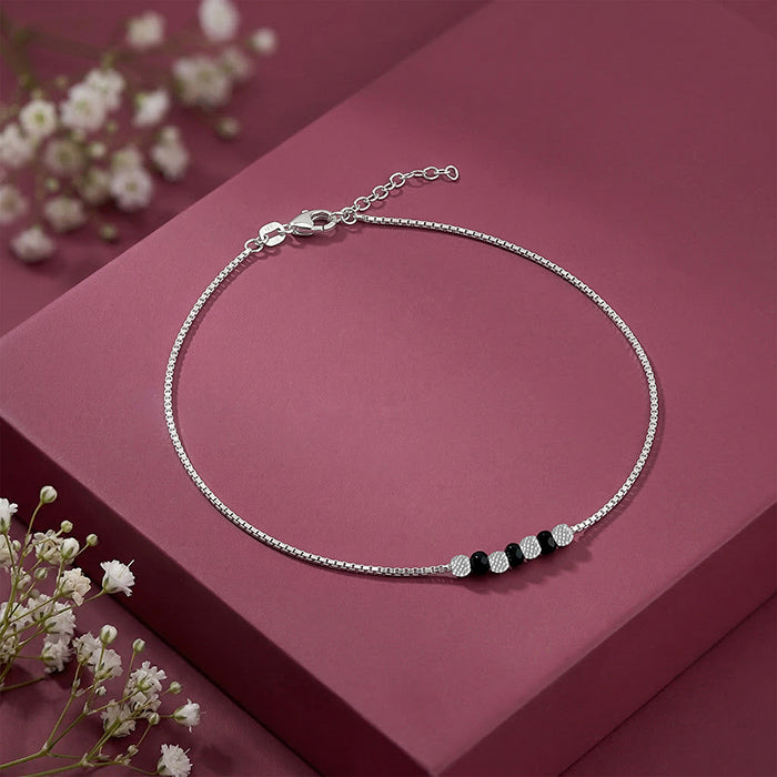 Silver Black Beads Anklet