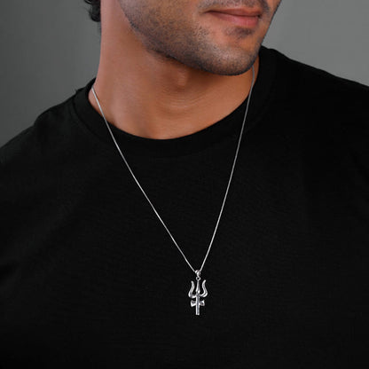 Silver Trident Pendant with Box Chain For Him