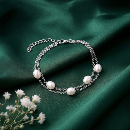 Silver Gene Pearl Layered Bracelet