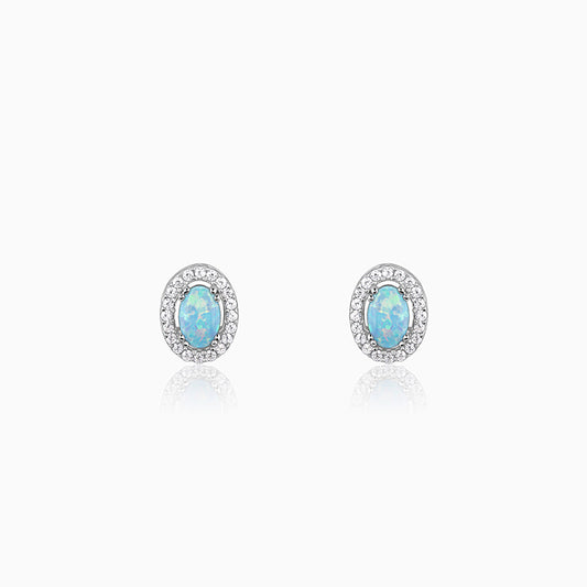 Silver oval earrings with blue opal and zircon stones for women