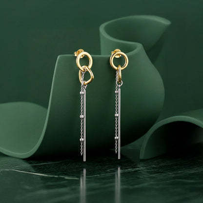 Dual Tone Linear Halo Silver Dangler Earrings