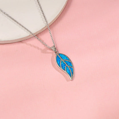 Silver Mystic Blue Leaf Pendant with Link Chain
