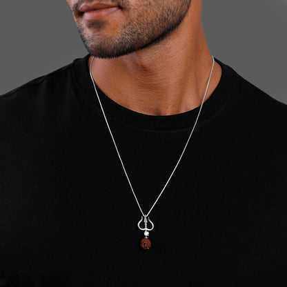 Silver Trishul And Rudraksha Pendant With Box Chain for Him