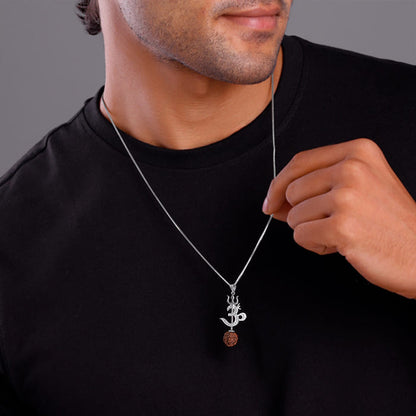 Silver Om Trishul Rudraksha Pendant With Box Chain For Him