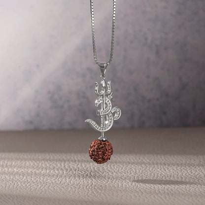 Silver Om Trishul Rudraksha Pendant With Box Chain For Him