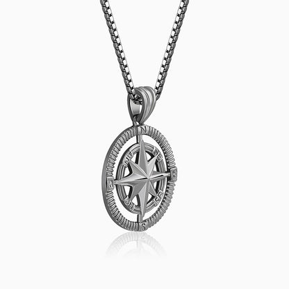 Black Rhodium Vintage Compass Pendant With Box Chain For Him