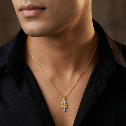 Dual Tone Mahadev Trishul Silver Pendant With Box Chain For Him