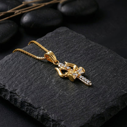Dual Tone Mahadev Trishul Silver Pendant With Box Chain For Him
