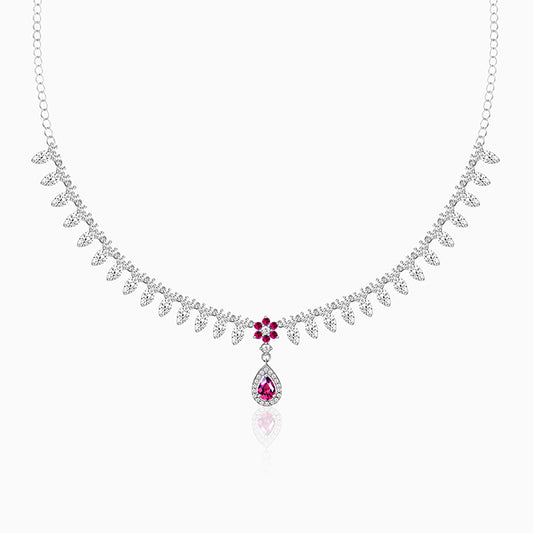 Silver Pink Flower Drop Necklace
