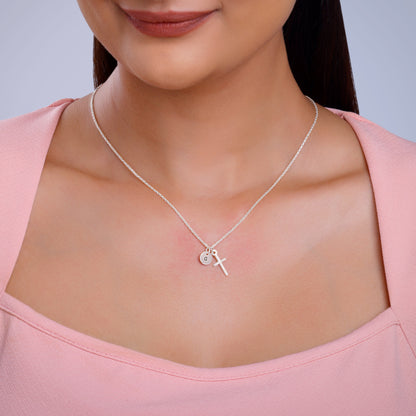 Silver Personalised Halo Cross Pendant With Link Chain