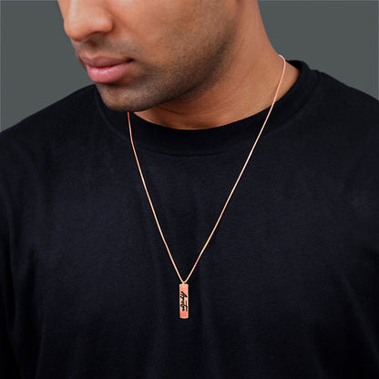 Rose Gold Personalised Vertical Bar Name Pendant with Box Chain For Him