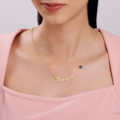 Golden Personalised Evil Eye Heartbeat Necklace