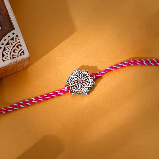 Oxidised Silver Pink Flower Rakhi