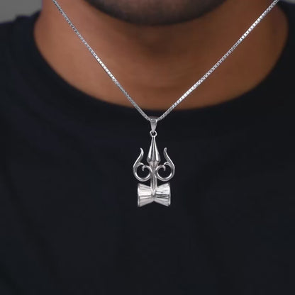 Silver Trishul And Damru Pendant With Box Chain For Him