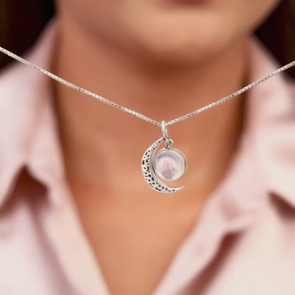 Oxidised Silver Moonstone Crescent Pendant with Box Chain