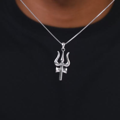 Silver Trident Pendant with Box Chain For Him
