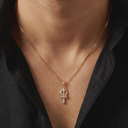 Dual Tone Mahadev Trishul Silver Pendant With Box Chain For Him