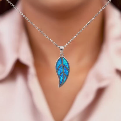 Silver Mystic Blue Leaf Pendant with Link Chain