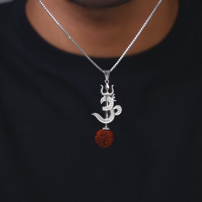 Silver Om Trishul Rudraksha Pendant With Box Chain For Him