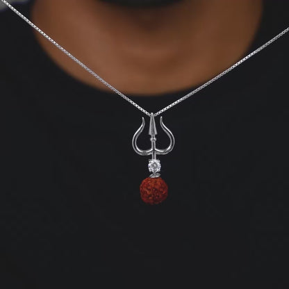 Silver Trishul And Rudraksha Pendant With Box Chain for Him