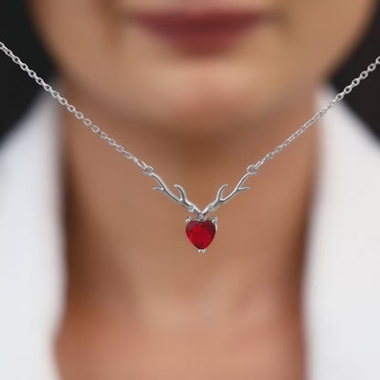 Silver Deer Heart in Red Necklace