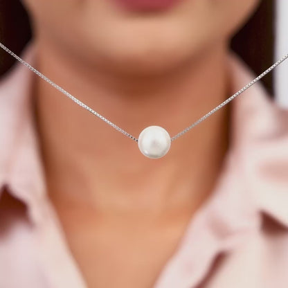 Silver White Pearl Moon Necklace