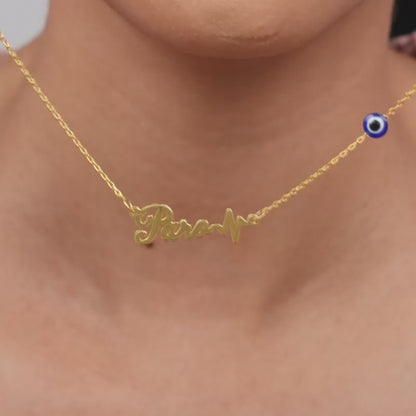 Golden Personalised Evil Eye Heartbeat Necklace