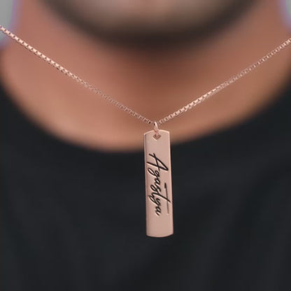 Rose Gold Personalised Vertical Bar Name Pendant with Box Chain For Him