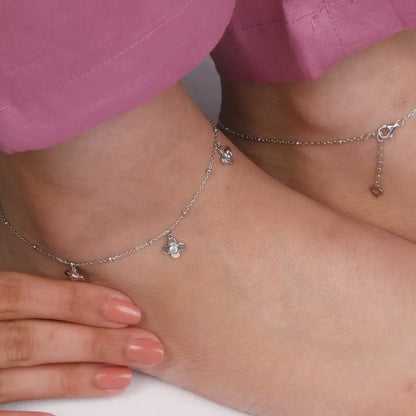 Silver Zircon Clover Charm Anklet