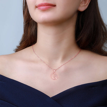 Rose Gold Cat In Crescent Moon Pendant with Link Chain