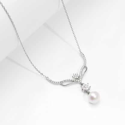 Silver Floral Studded Pearl Necklace