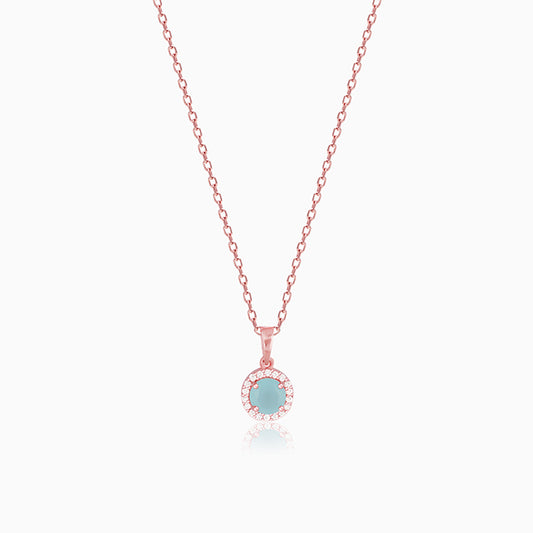 Rose Gold Blue Halo Pendant With Link Chain