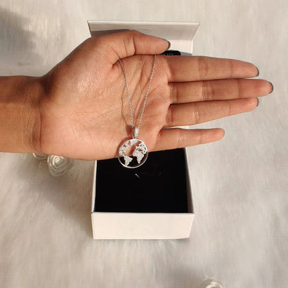 Silver Zircon World Pendant with Link Chain